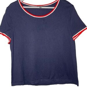 Talbots Navy Blue Red White Nautical Short Sleeve Scoop Neck Knit Top Size XL